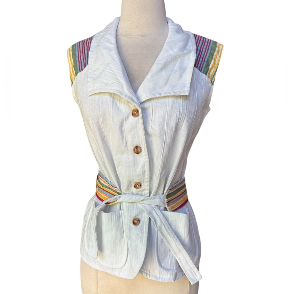Vintage White Button-Down Sleeveless Shirt with Multicolor Striped Accents